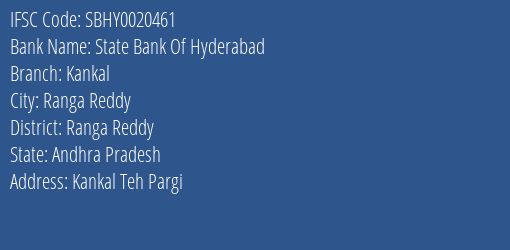 State Bank Of Hyderabad Kankal Branch Ranga Reddy IFSC Code SBHY0020461