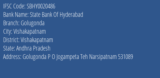 State Bank Of Hyderabad Golugonda Branch, Branch Code 020486 & IFSC Code SBHY0020486