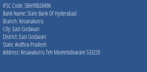 State Bank Of Hyderabad Kesanakurru Branch, Branch Code 020490 & IFSC Code SBHY0020490