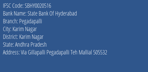 State Bank Of Hyderabad Pegadapalli Branch Karim Nagar IFSC Code SBHY0020516
