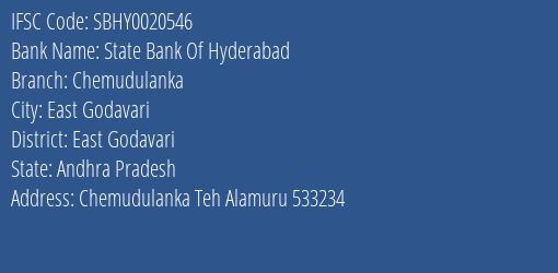 State Bank Of Hyderabad Chemudulanka Branch, Branch Code 020546 & IFSC Code SBHY0020546