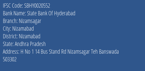 State Bank Of Hyderabad Nizamsagar Branch Nizamabad IFSC Code SBHY0020552
