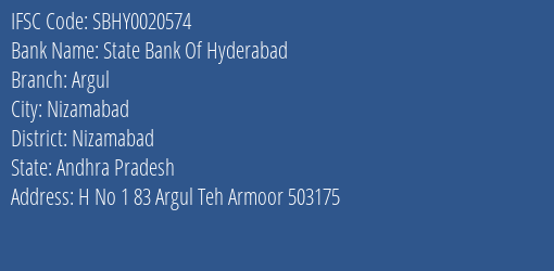 State Bank Of Hyderabad Argul Branch Nizamabad IFSC Code SBHY0020574