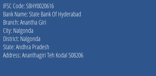 State Bank Of Hyderabad Anantha Giri Branch Nalgonda IFSC Code SBHY0020616