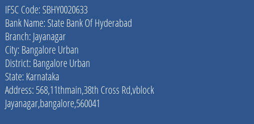 State Bank Of Hyderabad Jayanagar Branch Bangalore Urban IFSC Code SBHY0020633
