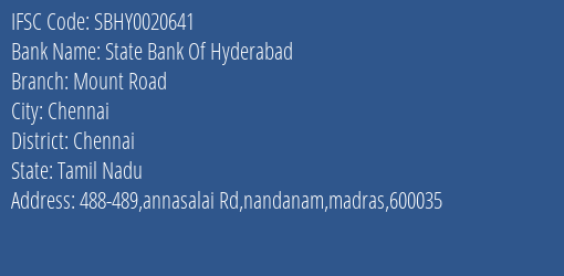 State Bank Of Hyderabad Mount Road Branch, Branch Code 020641 & IFSC Code SBHY0020641
