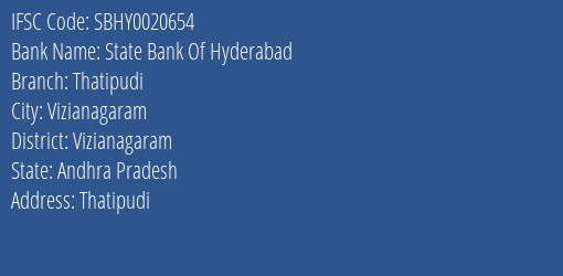 State Bank Of Hyderabad Thatipudi Branch Vizianagaram IFSC Code SBHY0020654