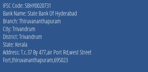 State Bank Of Hyderabad Thiruvananthapuram Branch, Branch Code 020731 & IFSC Code SBHY0020731