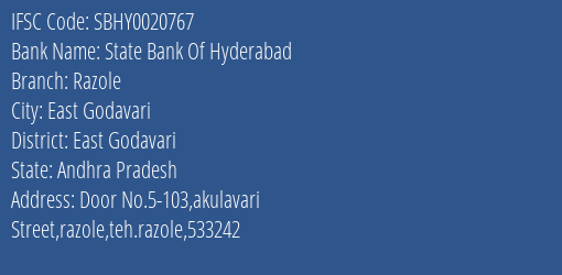 State Bank Of Hyderabad Razole Branch, Branch Code 020767 & IFSC Code SBHY0020767