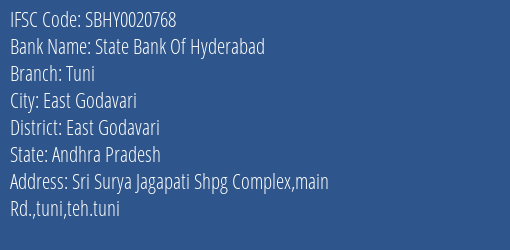 State Bank Of Hyderabad Tuni Branch, Branch Code 020768 & IFSC Code SBHY0020768