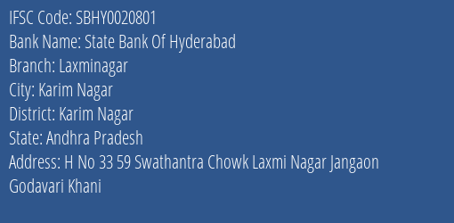 State Bank Of Hyderabad Laxminagar Branch Karim Nagar IFSC Code SBHY0020801