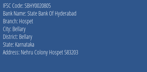 State Bank Of Hyderabad Hospet Branch Bellary IFSC Code SBHY0020805