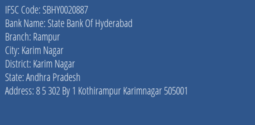 State Bank Of Hyderabad Rampur Branch Karim Nagar IFSC Code SBHY0020887