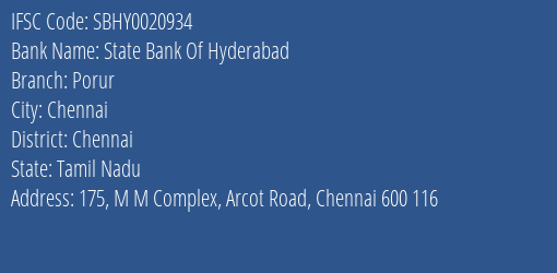 State Bank Of Hyderabad Porur Branch Chennai IFSC Code SBHY0020934