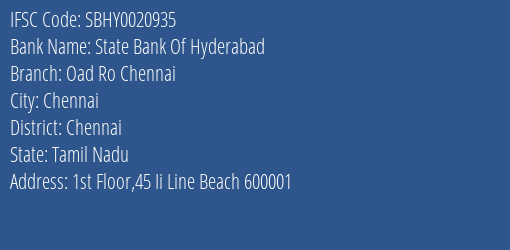 State Bank Of Hyderabad Oad Ro Chennai Branch IFSC Code