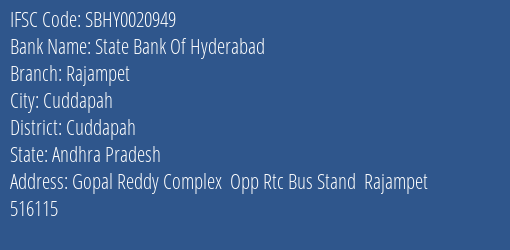 State Bank Of Hyderabad Rajampet Branch Cuddapah IFSC Code SBHY0020949