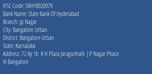 State Bank Of Hyderabad Jp Nagar Branch, Branch Code 020979 & IFSC Code SBHY0020979