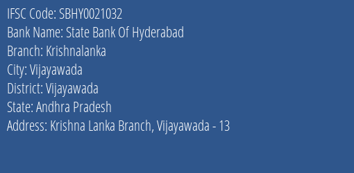 State Bank Of Hyderabad Krishnalanka Branch, Branch Code 021032 & IFSC Code SBHY0021032