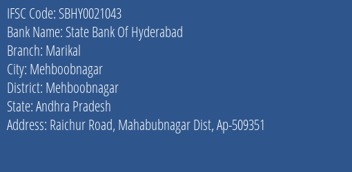 State Bank Of Hyderabad Marikal Branch Mehboobnagar IFSC Code SBHY0021043