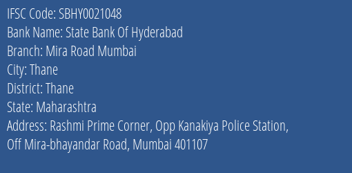 State Bank Of Hyderabad Mira Road Mumbai Branch, Branch Code 021048 & IFSC Code SBHY0021048