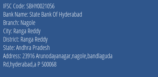 State Bank Of Hyderabad Nagole Branch Ranga Reddy IFSC Code SBHY0021056