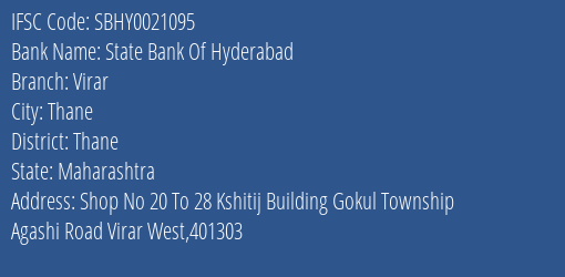 State Bank Of Hyderabad Virar Branch, Branch Code 021095 & IFSC Code SBHY0021095