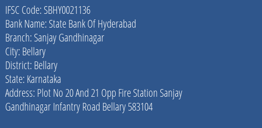 State Bank Of Hyderabad Sanjay Gandhinagar Branch Bellary IFSC Code SBHY0021136