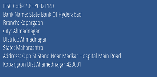 State Bank Of Hyderabad Kopargaon Branch, Branch Code 021143 & IFSC Code SBHY0021143