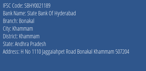 State Bank Of Hyderabad Bonakal Branch Khammam IFSC Code SBHY0021189
