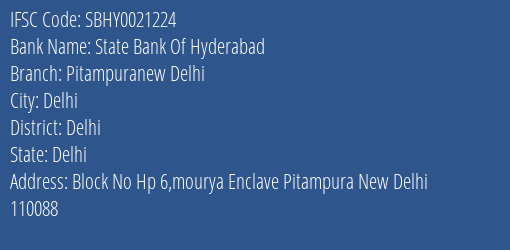 State Bank Of Hyderabad Pitampuranew Delhi Branch Delhi IFSC Code SBHY0021224