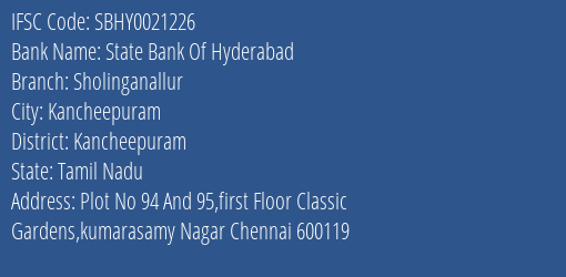State Bank Of Hyderabad Sholinganallur Branch Kancheepuram IFSC Code SBHY0021226