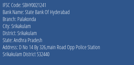 State Bank Of Hyderabad Palakonda Branch Srikakulam IFSC Code SBHY0021241