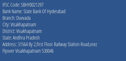 State Bank Of Hyderabad Duvvada Branch Visakhapatnam IFSC Code SBHY0021297