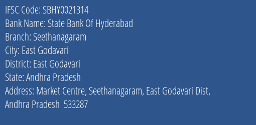 State Bank Of Hyderabad Seethanagaram Branch, Branch Code 021314 & IFSC Code SBHY0021314