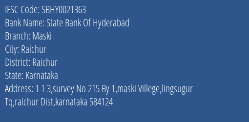State Bank Of Hyderabad Maski Branch Raichur IFSC Code SBHY0021363