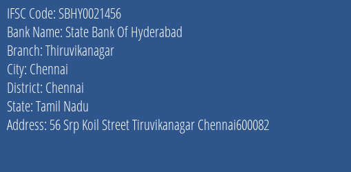 State Bank Of Hyderabad Thiruvikanagar Branch Chennai IFSC Code SBHY0021456