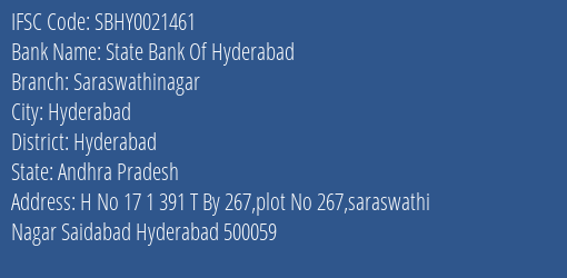 State Bank Of Hyderabad Saraswathinagar Branch Hyderabad IFSC Code SBHY0021461
