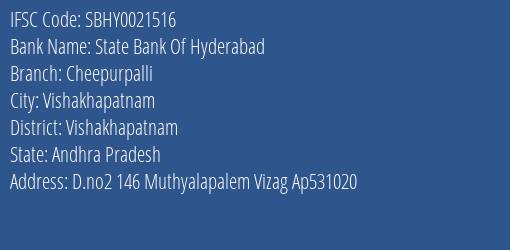 State Bank Of Hyderabad Cheepurpalli Branch Vishakhapatnam IFSC Code SBHY0021516