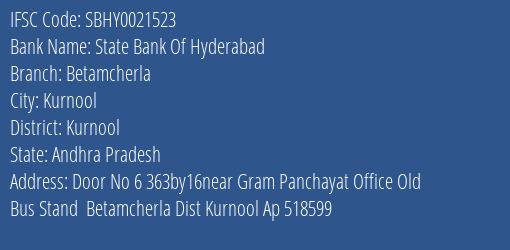 State Bank Of Hyderabad Betamcherla Branch Kurnool IFSC Code SBHY0021523