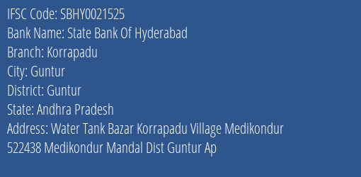 State Bank Of Hyderabad Korrapadu Branch Guntur IFSC Code SBHY0021525