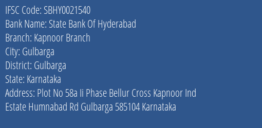 State Bank Of Hyderabad Kapnoor Branch Branch Gulbarga IFSC Code SBHY0021540