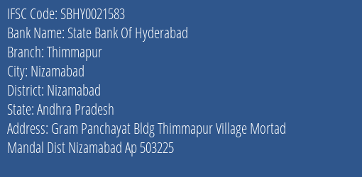 State Bank Of Hyderabad Thimmapur Branch Nizamabad IFSC Code SBHY0021583
