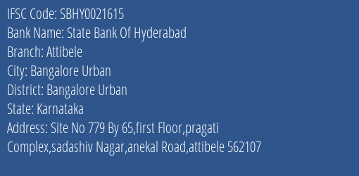 State Bank Of Hyderabad Attibele Branch Bangalore Urban IFSC Code SBHY0021615