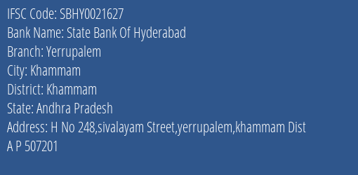 State Bank Of Hyderabad Yerrupalem Branch Khammam IFSC Code SBHY0021627