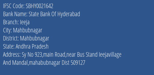 State Bank Of Hyderabad Ieeja Branch, Branch Code 021642 & IFSC Code SBHY0021642