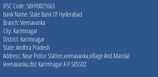 State Bank Of Hyderabad Veenavanka Branch Karimnagar IFSC Code SBHY0021663