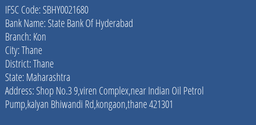 State Bank Of Hyderabad Kon Branch, Branch Code 021680 & IFSC Code SBHY0021680