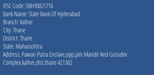 State Bank Of Hyderabad Kalher Branch, Branch Code 021716 & IFSC Code SBHY0021716