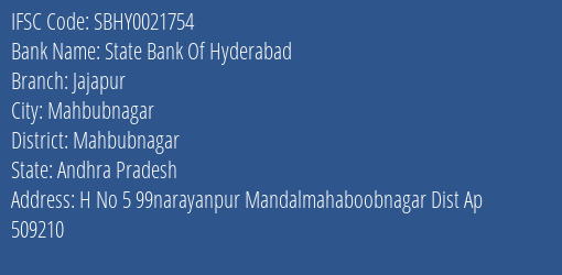 State Bank Of Hyderabad Jajapur, Mahbubnagar IFSC Code SBHY0021754