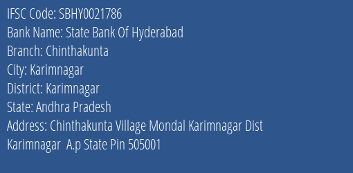 State Bank Of Hyderabad Chinthakunta Branch Karimnagar IFSC Code SBHY0021786